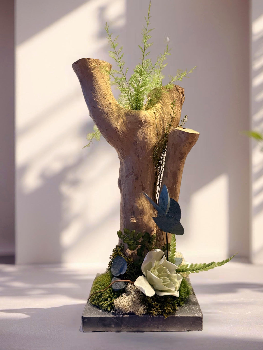 Décoration végétale sur bois flotté  Fleur de gardénia stabilisée, eucalyptus & mousse  Centre de table naturel haut de gamme