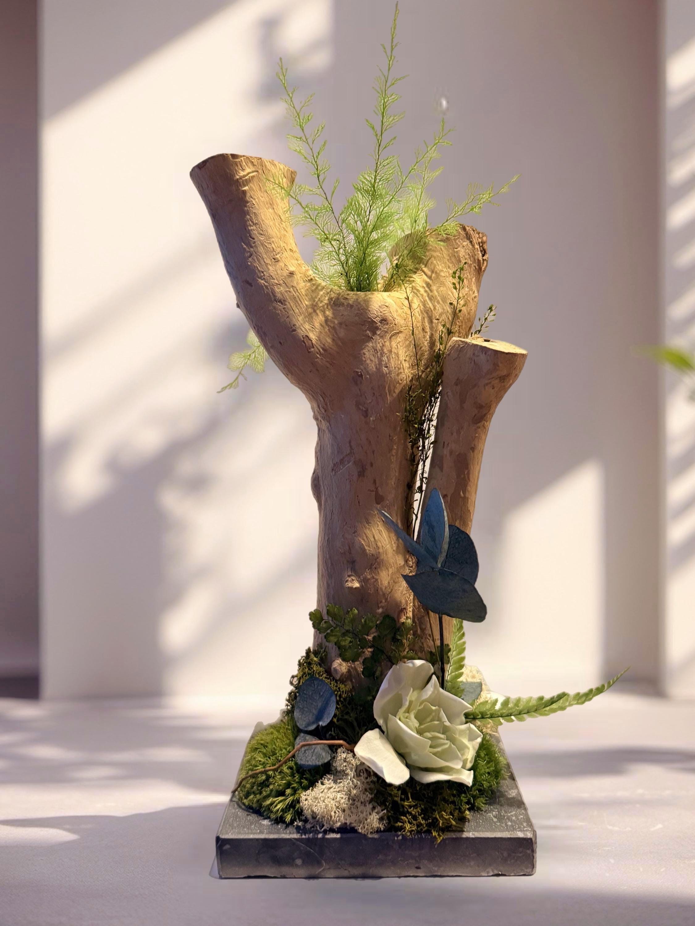 Décoration végétale sur bois flotté  Fleur de gardénia stabilisée, eucalyptus & mousse  Centre de table naturel haut de gamme