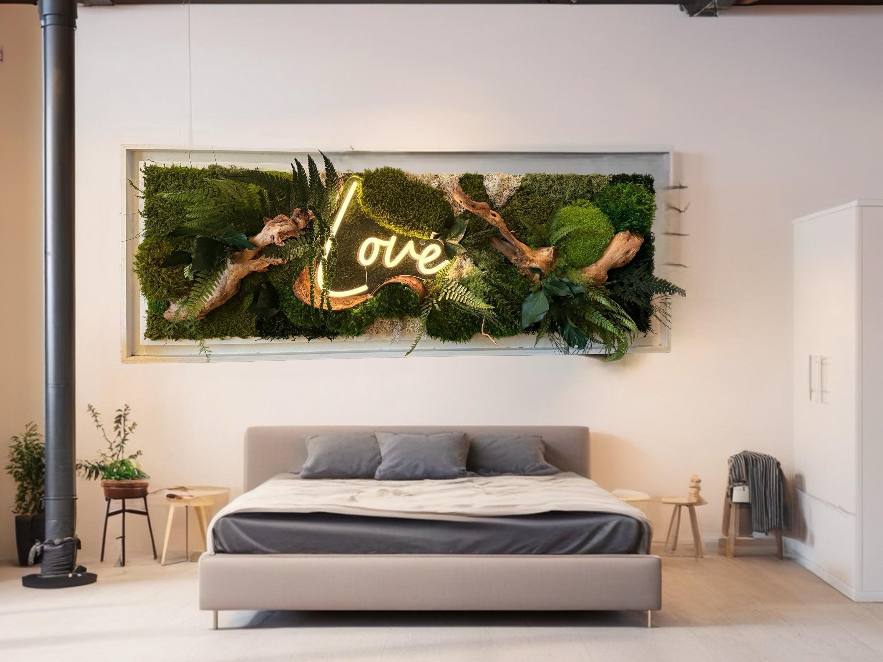 Cadre végétal 100 cm avec néon LOVE Art mural naturel luxe Décoration murale moderne bois flotté Tableau mousse stabilisée