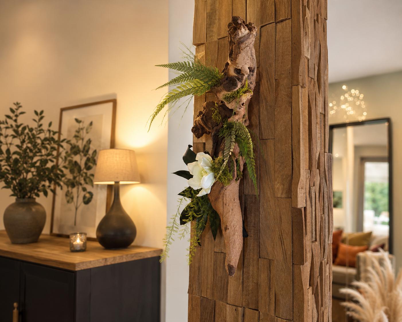 Décoration murale végétale sur bois de mopani | Tableau végétal stabilisé 41x20 cm- pièce unique