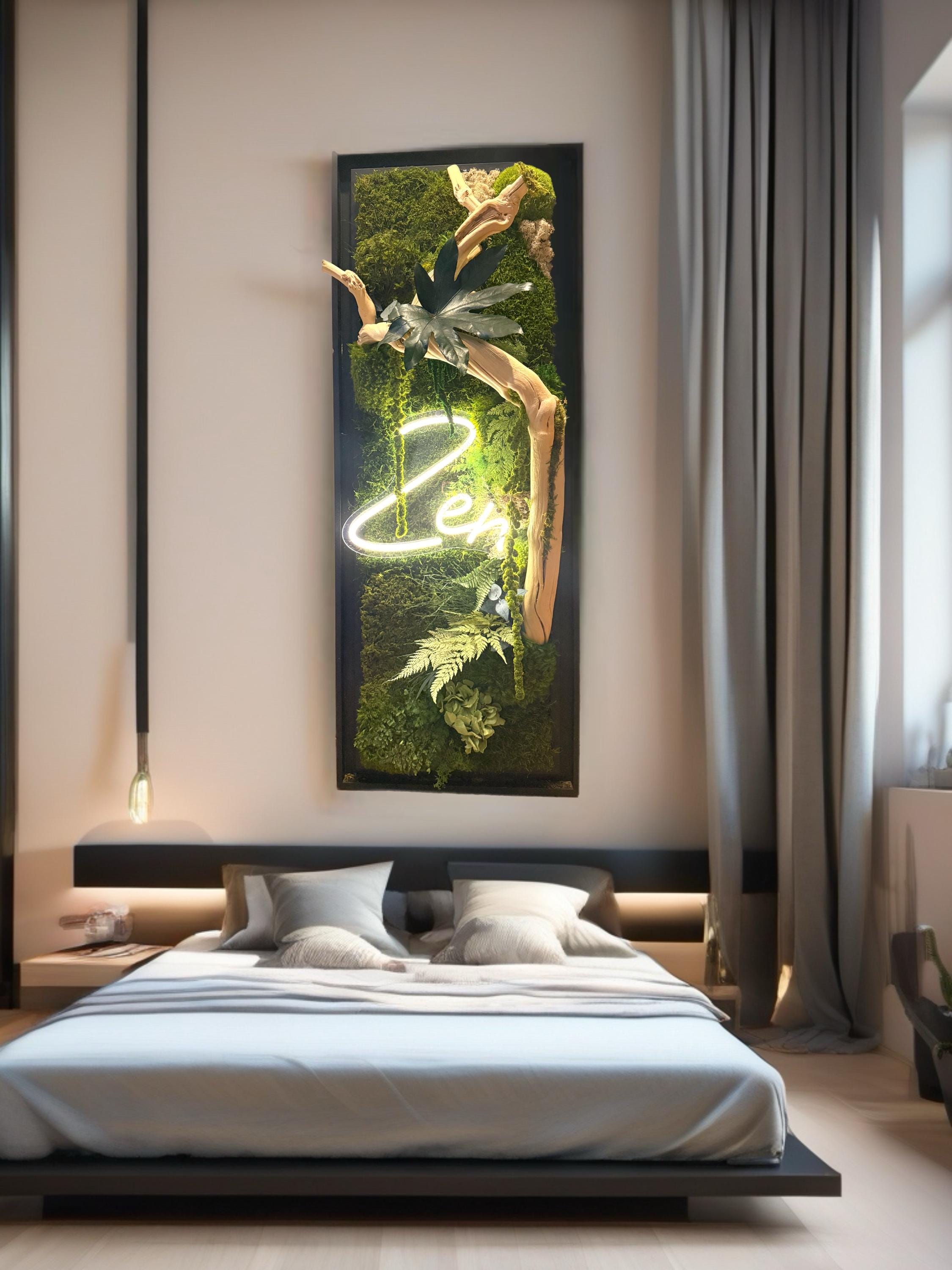 Grand cadre végétal mural lumineux « zen » Caisse américaine  Œuvre végétale verticale 100 cm  Décoration murale nature chic