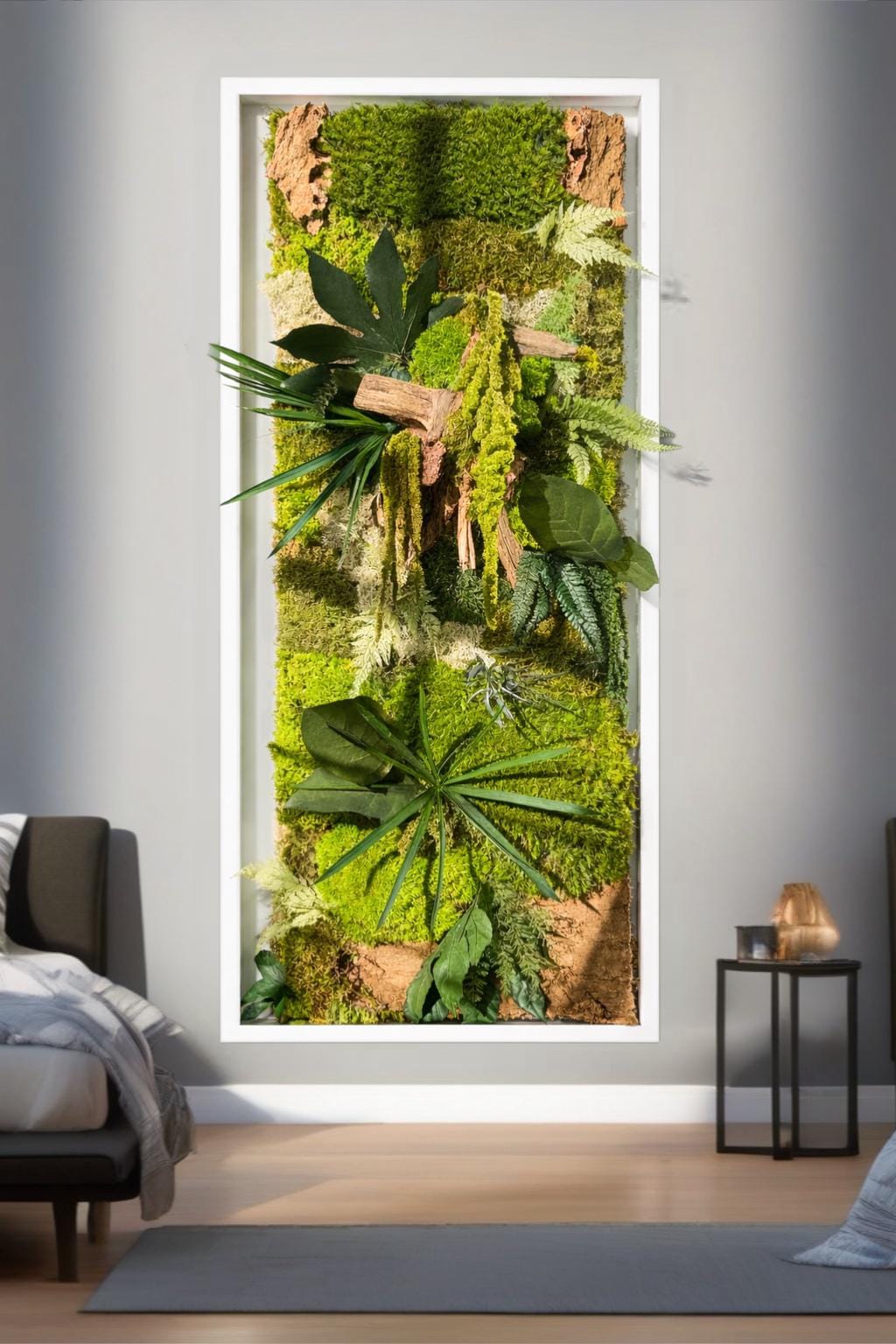 Grand tableau végétal mural en mousse stabilisée  Cadre caisse américaine bois blanc  Déco murale artisanale zen et élégante