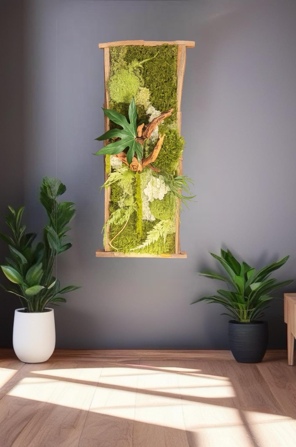 Cadre Végétal Stabilisé 30×68 cm – Bois Brut & Mousse | Déco Murale Zen Haut de Gamme