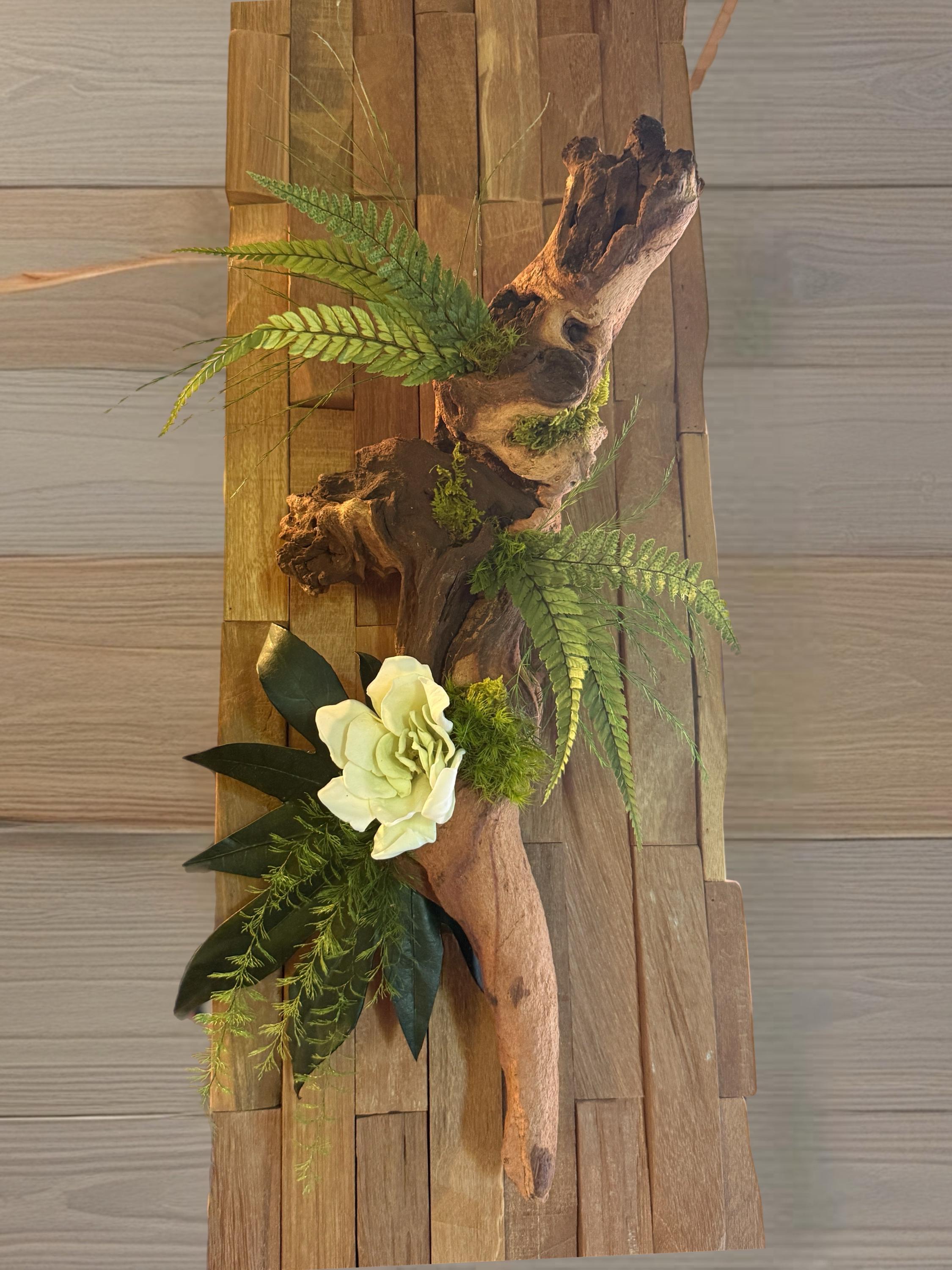 Décoration murale végétale sur bois de mopani | Tableau végétal stabilisé 41x20 cm- pièce unique