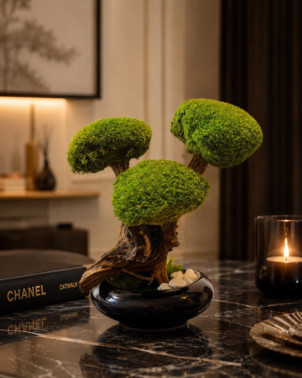 Bonsaï Stabilisé dException sur Coupe en céramique   Pièce Unique- Décoration Zen Naturelle et sans entretien